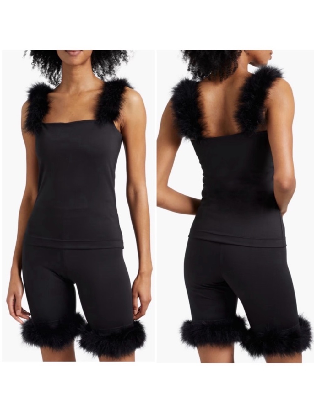 SLEEPER Women’s Size XS Black Feather-Trimmed Jersey Pajama Set